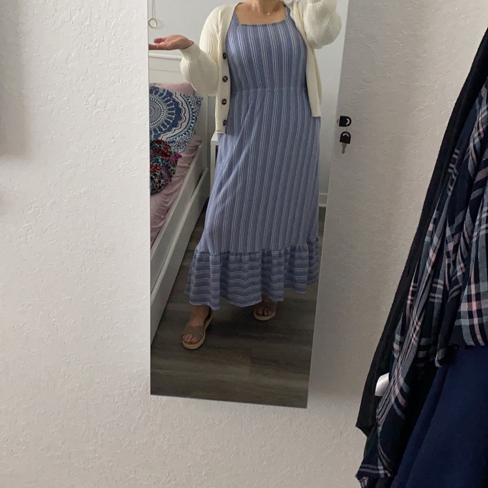 Lane Bryant Womens Sleeveless Square-Neck Maxi Dress 14/16 Chambray/White Stripe